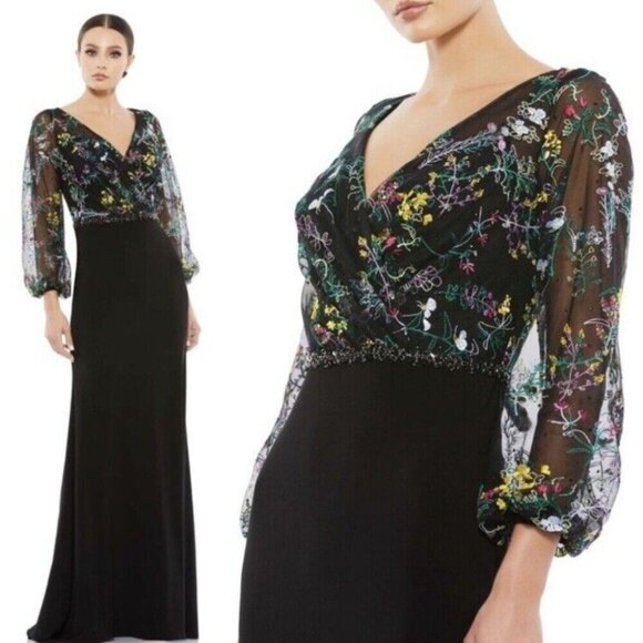 NWT Mac Duggal‎ 79379 Puffed Sleeve Maxi Dress Gown Embroidered Formal - Picture 1 of 3